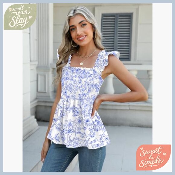 Ruffle Sleeve Smocked Tank Top, Square Neck Babydoll Shirt, Polyester Blend - Picture 3 of 7